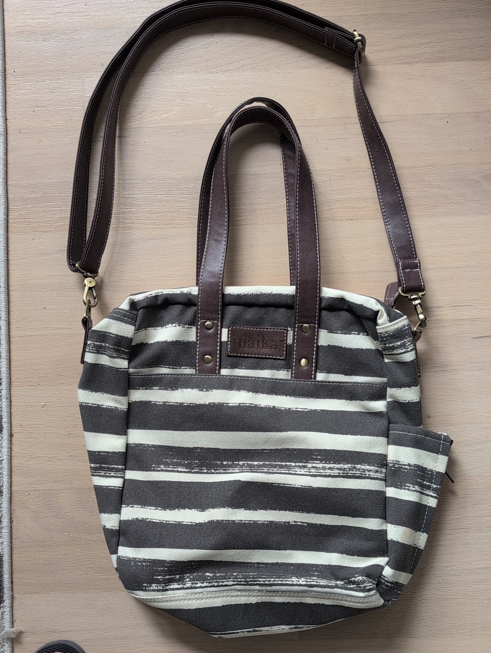 Maika Commuter Tote Charcoal & Cream Striped Canvas with Brown Leather Strap